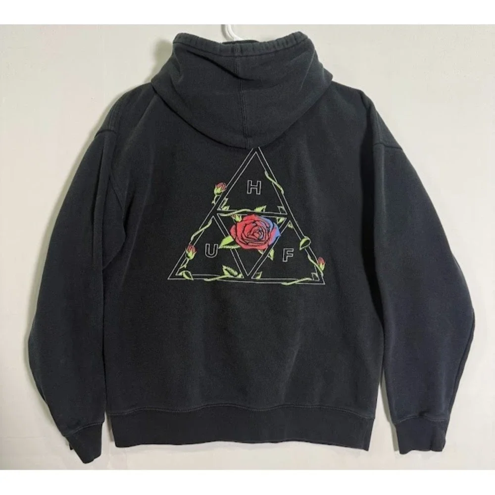 HUF‎ Hoodie Mens M Black Rose Triangle Logo Pullover Streetwear Skater Grunge